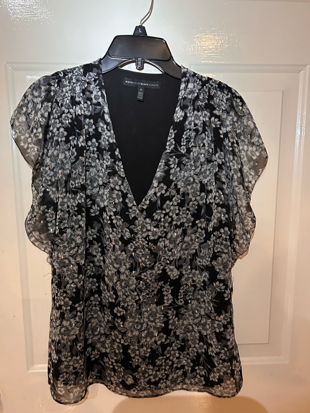 White House Black Market Black and Gray Floral V-Neck Flutter Sleeve Blouse